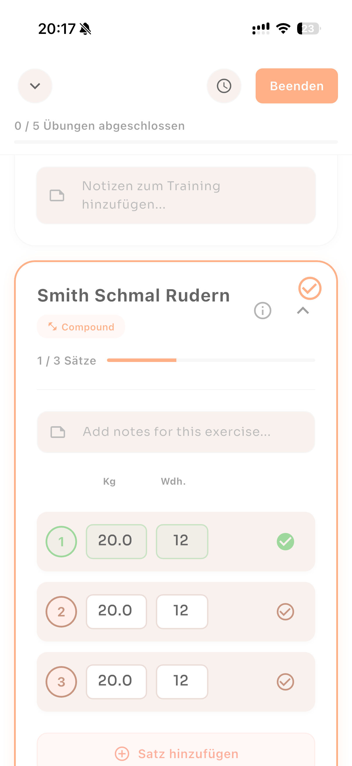 Aktive Workout-Session mit Satz-Tracking